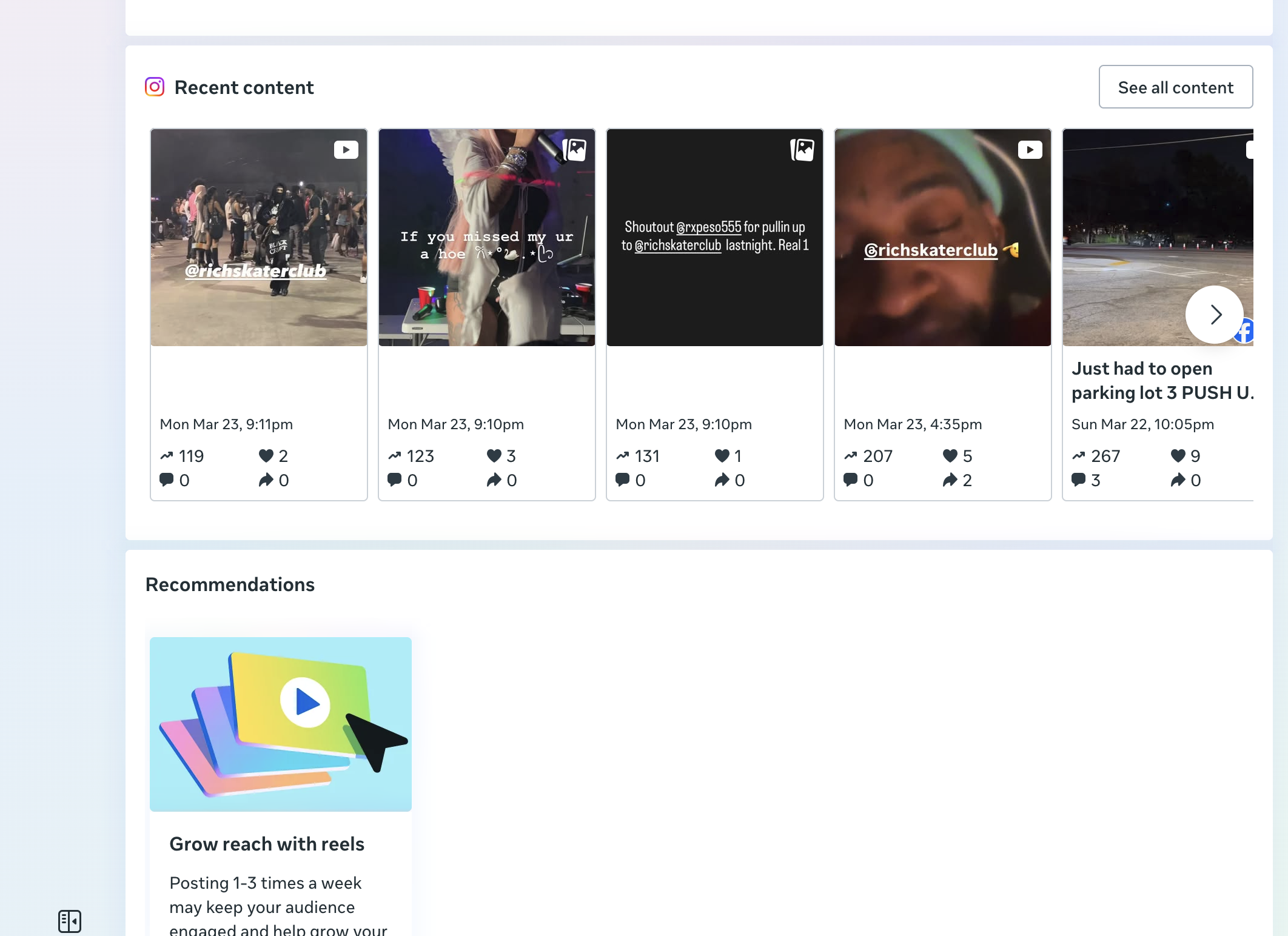 Recent content showing event posts with 100–267 reach per post