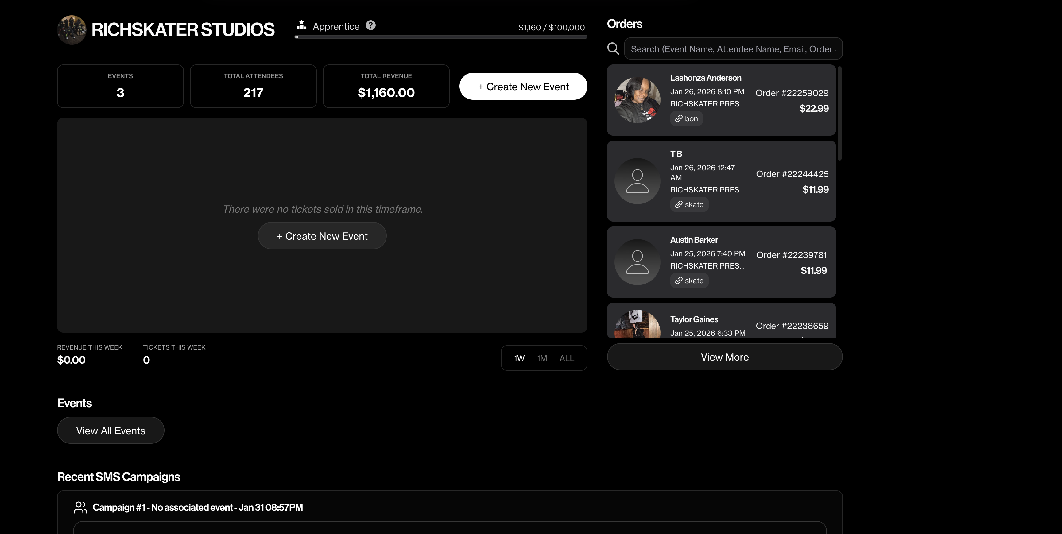 Richskater Studios ticketing — 217 attendees, $1,160 revenue